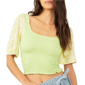 NWT Free People Marigold Mix Print Smocked Top Key Lime Combo sz L